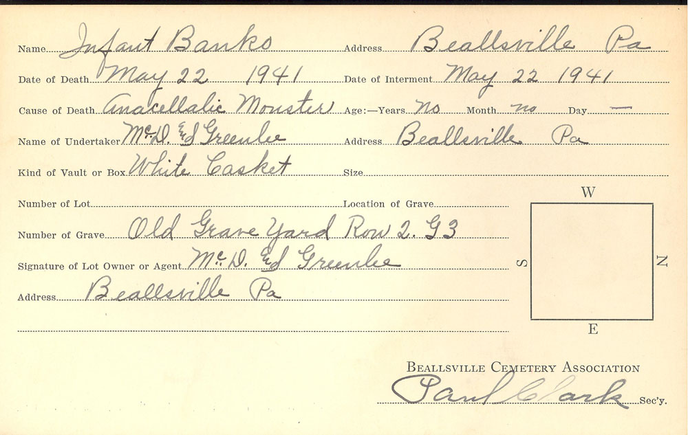 Banko Infant burial card